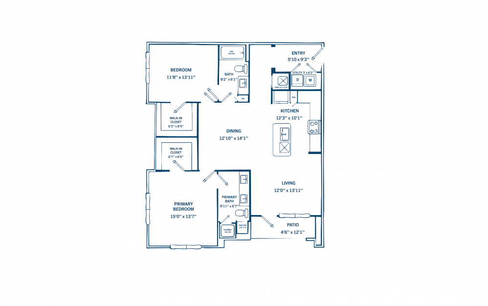 B1 - 2 bedroom floorplan layout with 2 baths and 1176 to 1236 square feet.