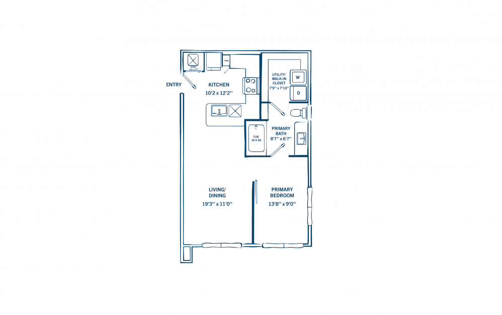 E1 - 1 bedroom floorplan layout with 1 bath and 590 to 605 square feet. (Preview)